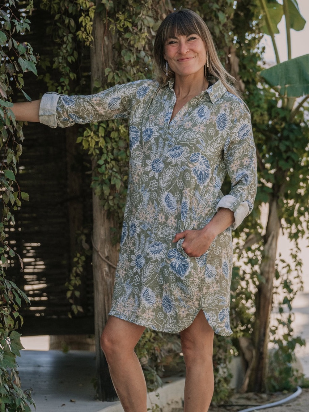 RipSkirt Hawaii La Boheme Long Sleeve Cotton Gauze Dress Olive Women’s